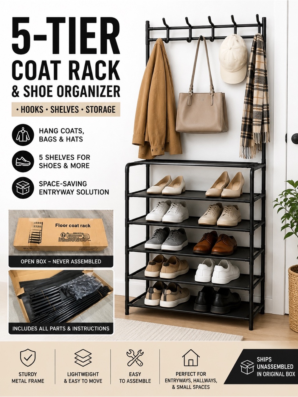 Entryway Coat Rack Shoe Storage Organizer 5-Tier Hall Tree w/ Hooks Black